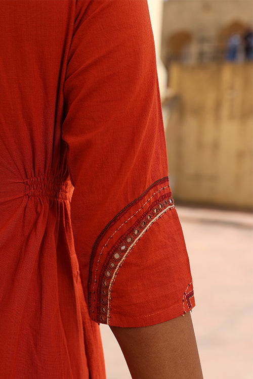 Okhai "Surkh" Hand-Embroidered Mirrorwork and Beadwork Pure Cotton Kurta Pant Set