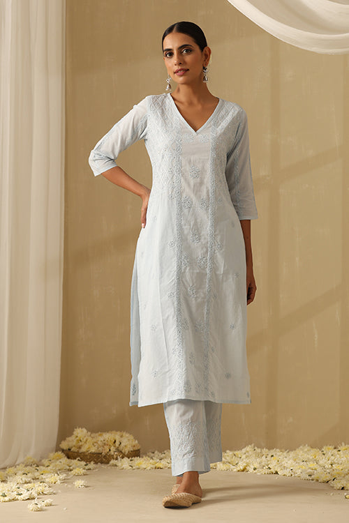 Okhai "Hasrat" Chikankari and Mukaish work Pure Cotton Kurta Pant Set with Dupatta
