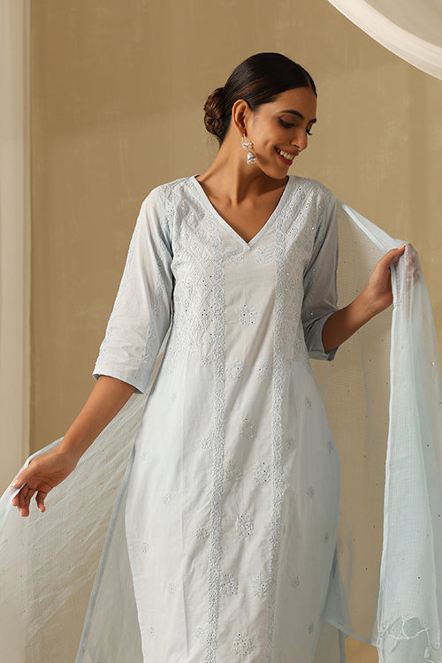 Okhai "Hasrat" Chikankari and Mukaish work Pure Cotton Kurta Pant Set with Dupatta