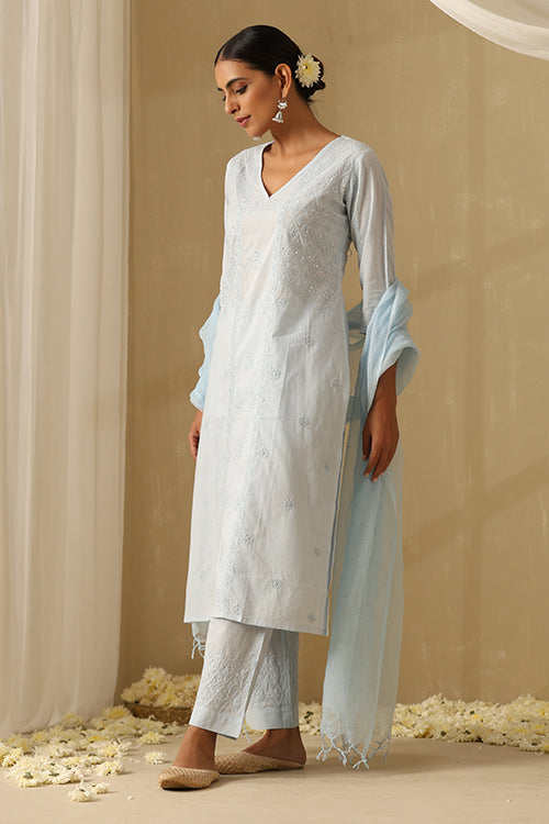 Okhai "Hasrat" Chikankari and Mukaish work Pure Cotton Kurta Pant Set with Dupatta