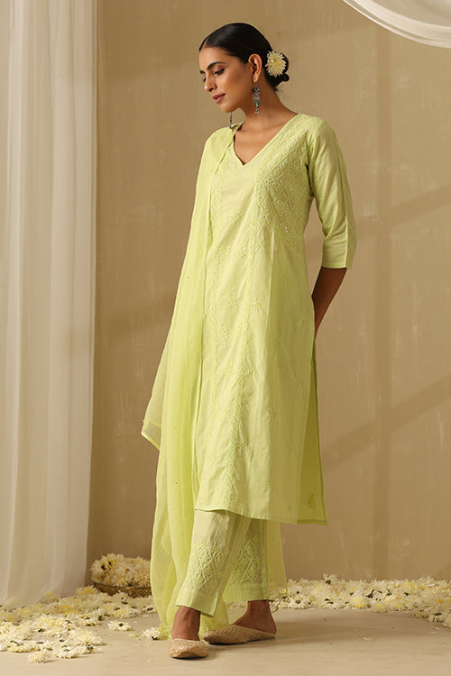 Okhai "Ehsaas" Chikankari and Mukaish work Pure Cotton Kurta Pant Set with Dupatta