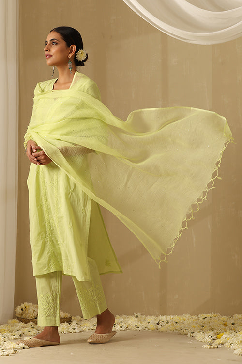 Okhai "Ehsaas" Chikankari and Mukaish work Pure Cotton Kurta Pant Set with Dupatta