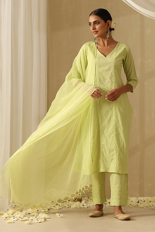 Okhai "Ehsaas" Chikankari and Mukaish work Pure Cotton Kurta Pant Set with Dupatta