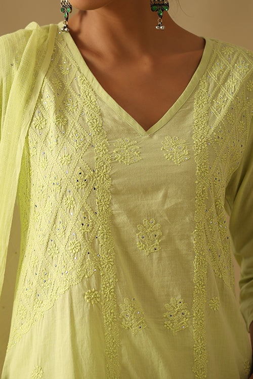 Okhai "Ehsaas" Chikankari and Mukaish work Pure Cotton Kurta Pant Set with Dupatta