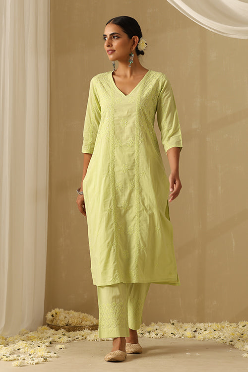 Okhai "Ehsaas" Chikankari and Mukaish work Pure Cotton Kurta Pant Set with Dupatta