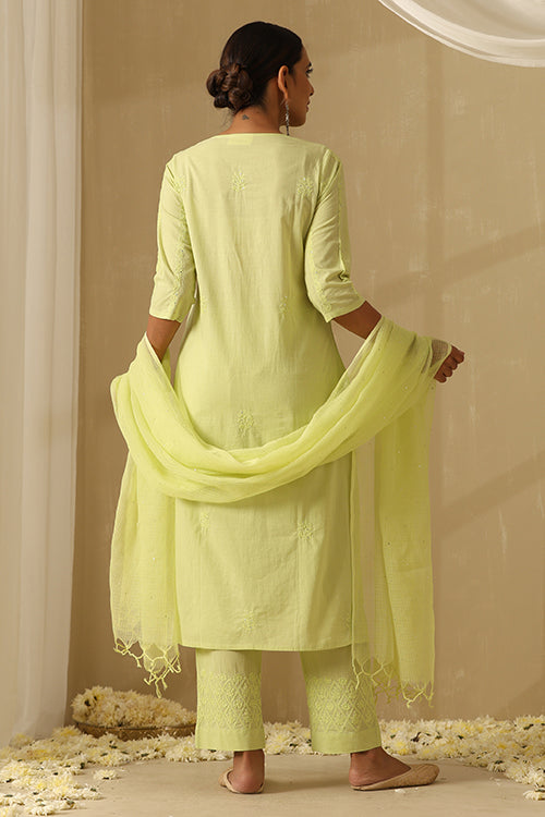 Okhai "Ehsaas" Chikankari and Mukaish work Pure Cotton Kurta Pant Set with Dupatta