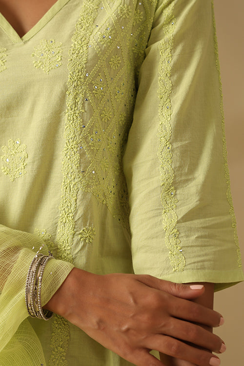 Okhai "Ehsaas" Chikankari and Mukaish work Pure Cotton Kurta Pant Set with Dupatta