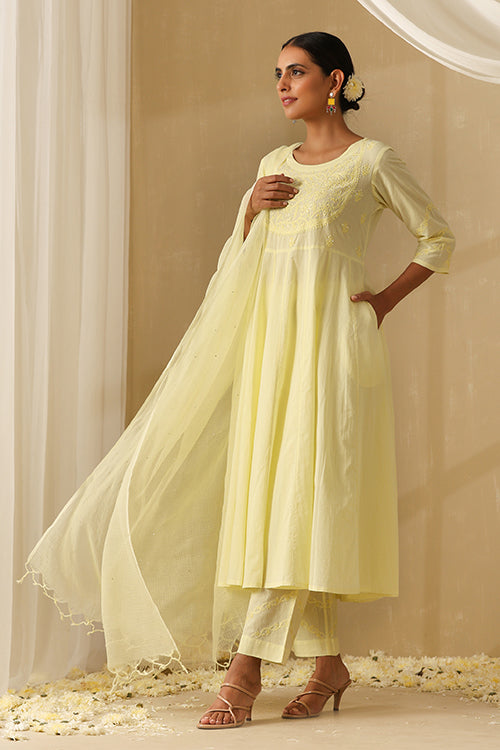 Okhai "Iqraar" Chikankari and Mukaish work Pure Cotton Kurta Pant Set with Dupatta