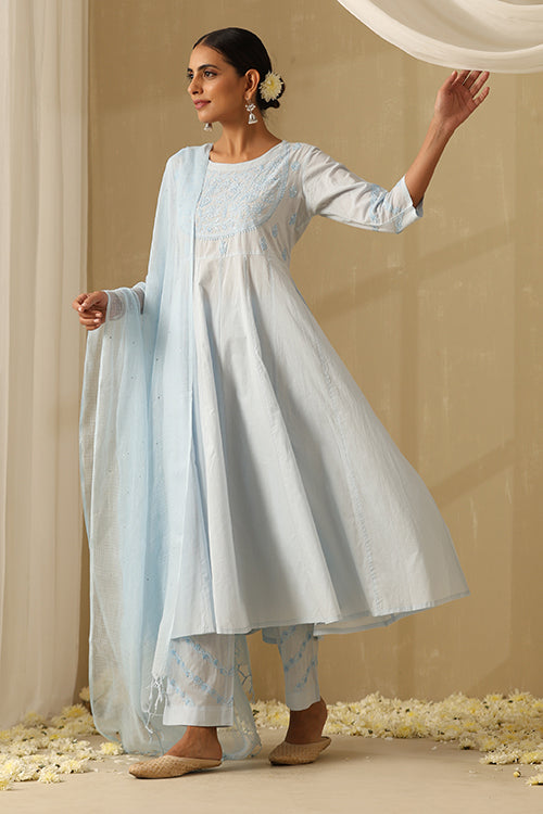 Okhai "Nazm" Chikankari and Mukaish work Pure Cotton Kurta Pant Set with Dupatta