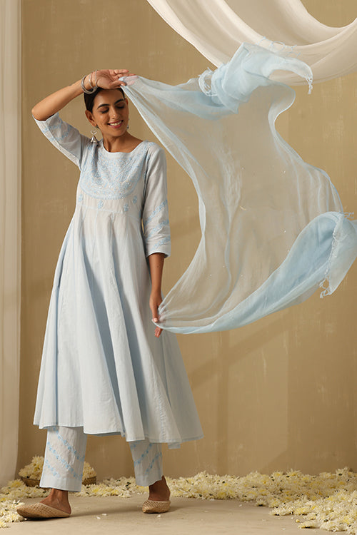 Okhai "Nazm" Chikankari and Mukaish work Pure Cotton Kurta Pant Set with Dupatta