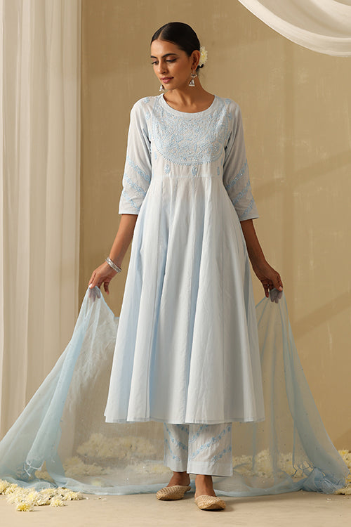 Okhai "Nazm" Chikankari and Mukaish work Pure Cotton Kurta Pant Set with Dupatta