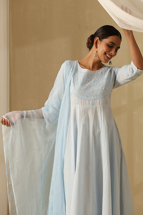 Okhai "Nazm" Chikankari and Mukaish work Pure Cotton Kurta Pant Set with Dupatta