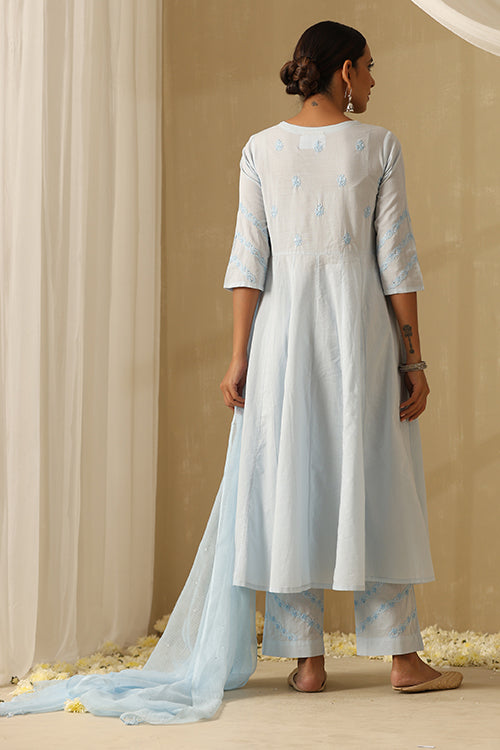 Okhai "Nazm" Chikankari and Mukaish work Pure Cotton Kurta Pant Set with Dupatta