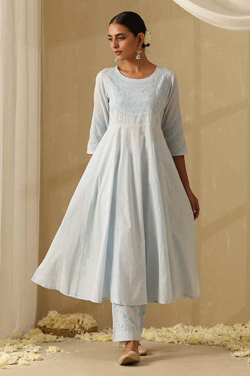 Okhai "Nazm" Chikankari and Mukaish work Pure Cotton Kurta Pant Set with Dupatta