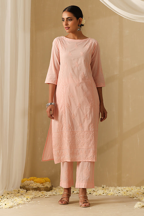 Okhai "Parveen" Chikankari and Mukaish work Pure Cotton Kurta Pant Set with Dupatta