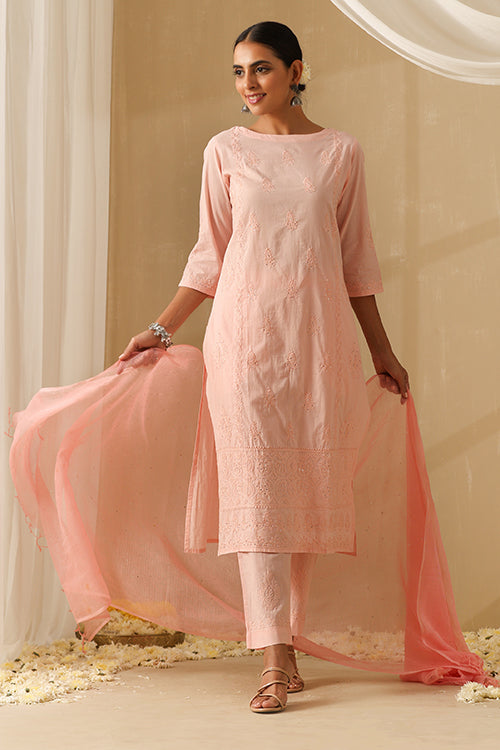 Okhai "Parveen" Chikankari and Mukaish work Pure Cotton Kurta Pant Set with Dupatta