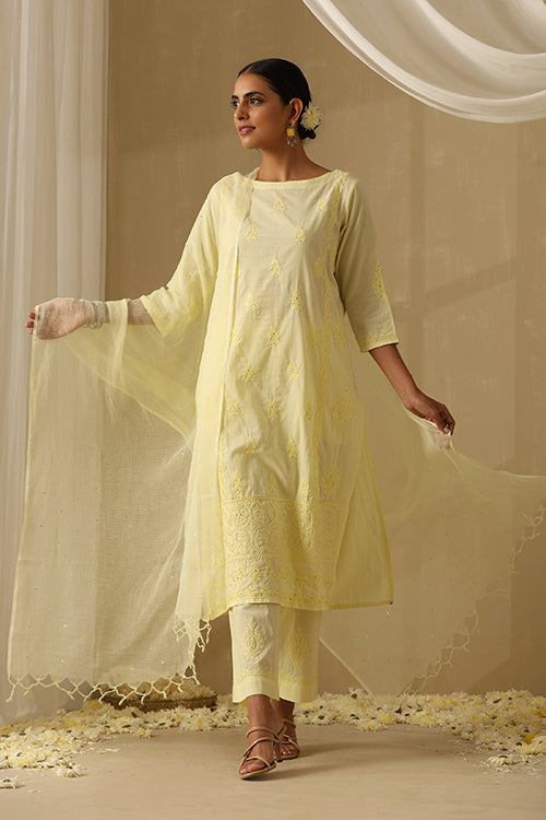 Okhai "Sunhaera" Chikankari and Mukaish work Pure Cotton Kurta Pant Set with Dupatta