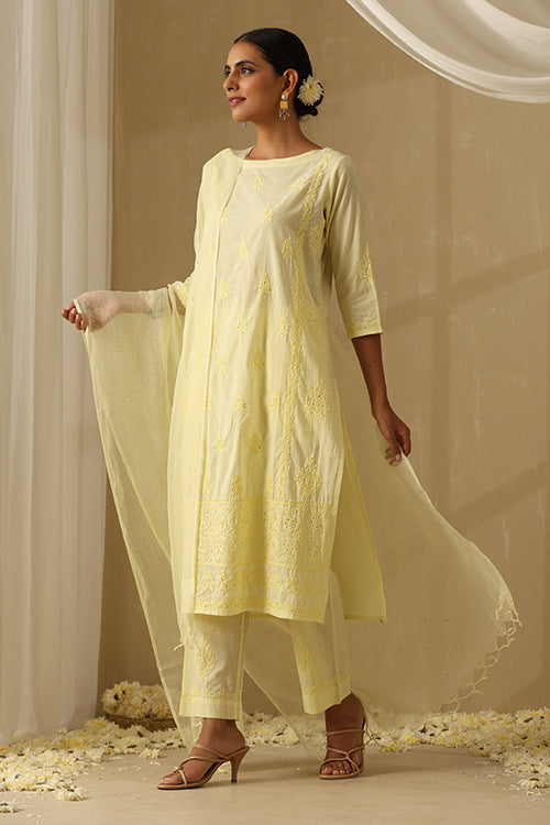 Okhai "Sunhaera" Chikankari and Mukaish work Pure Cotton Kurta Pant Set with Dupatta
