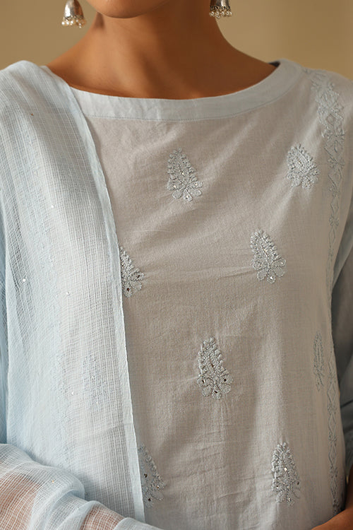 Okhai "Manzil" Chikankari and Mukaish work Pure Cotton Kurta Pant Set with Dupatta