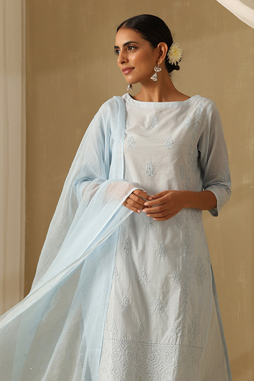 Okhai "Manzil" Chikankari and Mukaish work Pure Cotton Kurta Pant Set with Dupatta