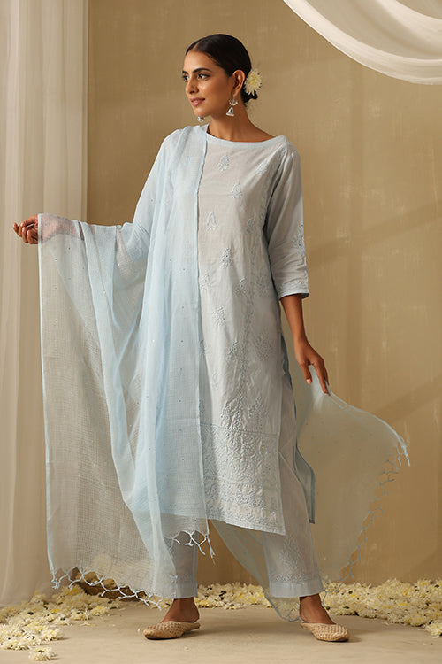 Okhai "Manzil" Chikankari and Mukaish work Pure Cotton Kurta Pant Set with Dupatta