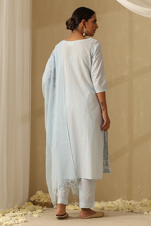 Okhai "Manzil" Chikankari and Mukaish work Pure Cotton Kurta Pant Set with Dupatta