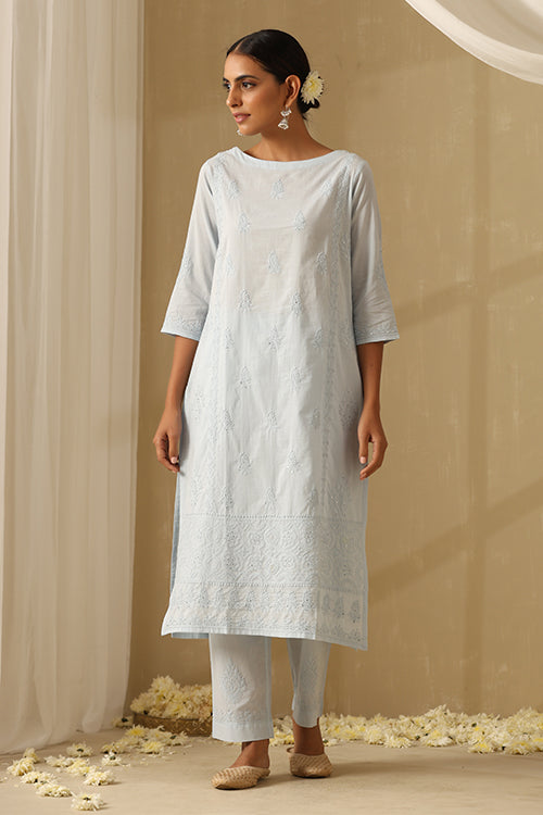 Okhai "Manzil" Chikankari and Mukaish work Pure Cotton Kurta Pant Set with Dupatta