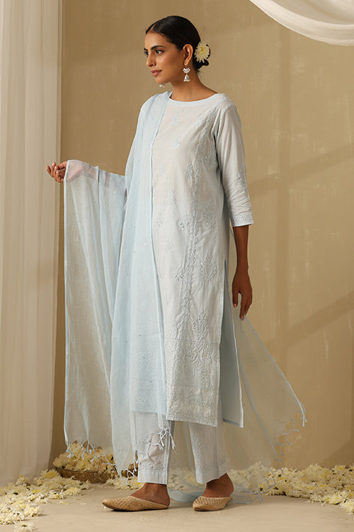 Okhai "Manzil" Chikankari and Mukaish work Pure Cotton Kurta Pant Set with Dupatta