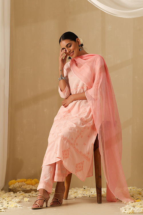 Okhai "Dehleez" Chikankari and Mukaish work Pure Cotton Kurta Pant Set with Dupatta