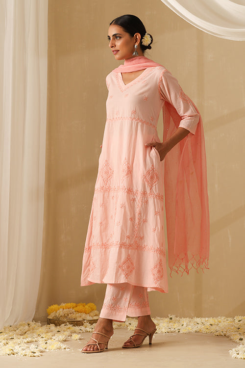 Okhai "Dehleez" Chikankari and Mukaish work Pure Cotton Kurta Pant Set with Dupatta