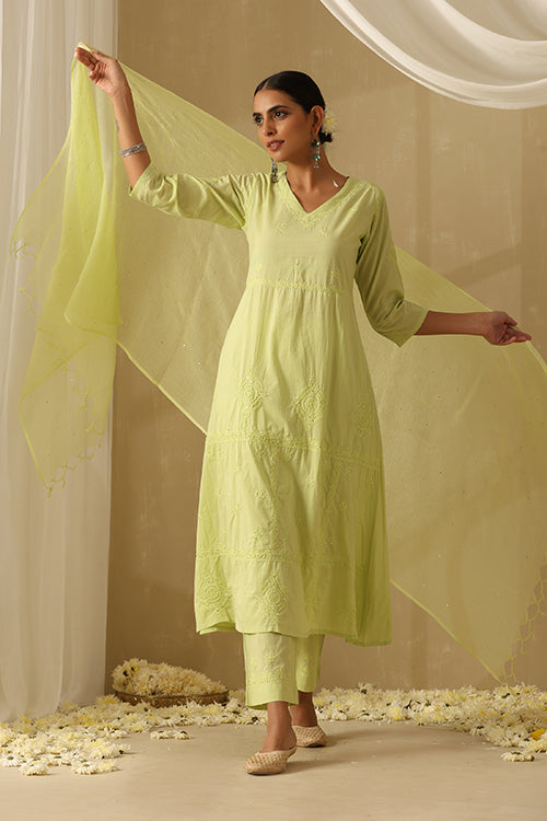 Okhai "Muntazir" Chikankari and Mukaish work Pure Cotton Kurta Pant Set with Dupatta
