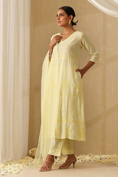 Okhai "Qainaat" Chikankari and Mukaish work Pure Cotton Kurta Pant Set with Dupatta