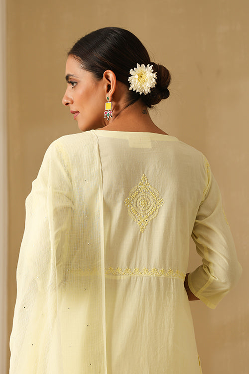 Okhai "Qainaat" Chikankari and Mukaish work Pure Cotton Kurta Pant Set with Dupatta