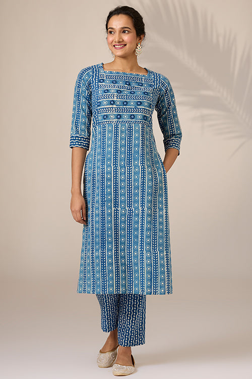 Okhai "Neelay" Hand-Embroidered Mirrorwork Handblock Printed Pure Cotton Kurta Pant Set