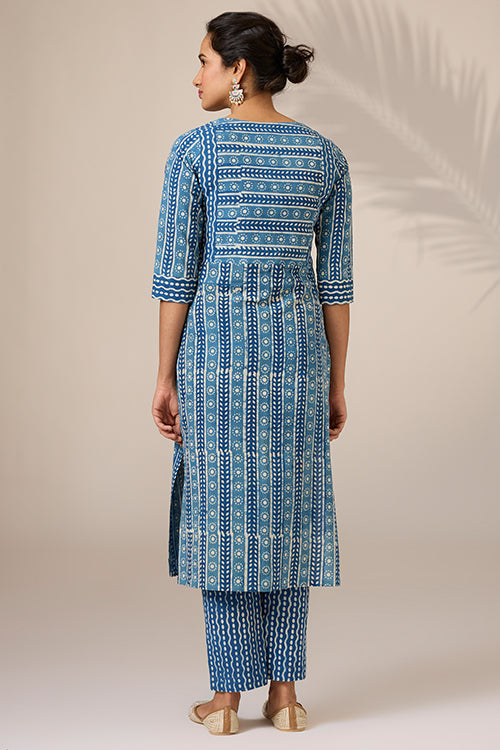 Okhai "Neelay" Hand-Embroidered Mirrorwork Handblock Printed Pure Cotton Kurta Pant Set