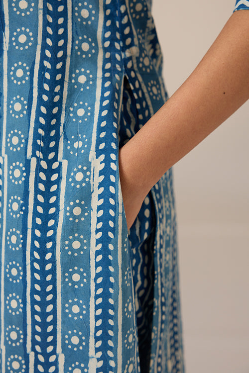 Okhai "Neelay" Hand-Embroidered Mirrorwork Handblock Printed Pure Cotton Kurta Pant Set