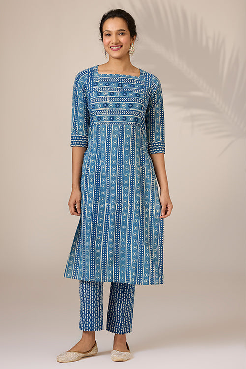 Okhai "Neelay" Hand-Embroidered Mirrorwork Handblock Printed Pure Cotton Kurta Pant Set
