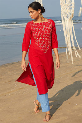 Okhai Juliet Crimson Red Pure Cotton Mirror Work Embroidered Cotton Handloom Kurta Online