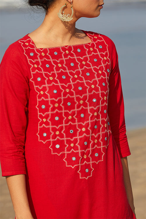 Okhai 'Juliet' Embroidered Mirror Work Cotton Handloom Long Kurta| Rescue