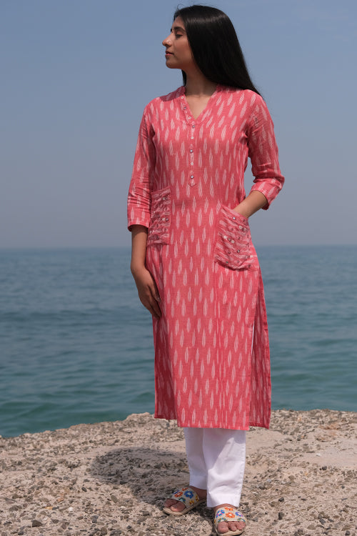 Okhai 'Passion Potion' Hand Embroidered Mirror Work Cotton Ikkat Kurta –  Okhaistore