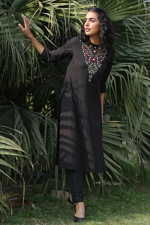 Okhai 'Night Jasmine' Pure Cotton Hand Embroidered Mirror Work Kurta| Rescue