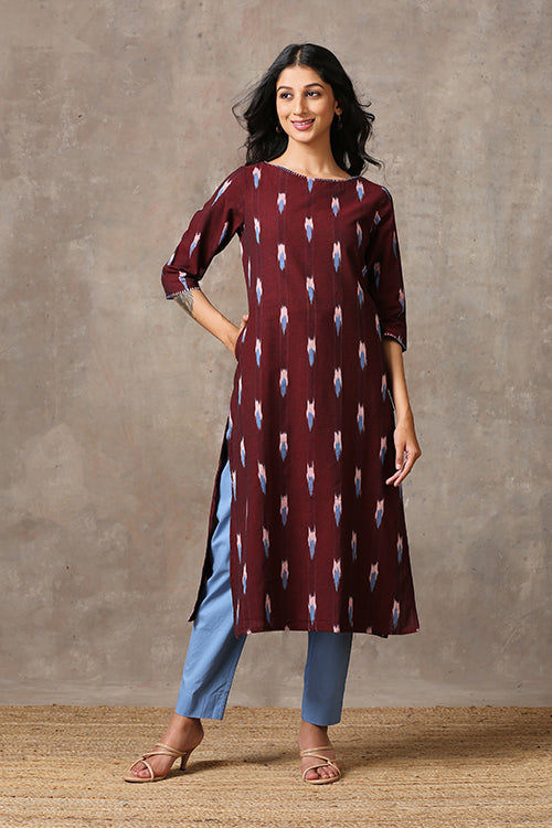 Okhai 'Camile' Pure Cotton Hand Embroidered Mirror Work Ikat Kurta| Rescue