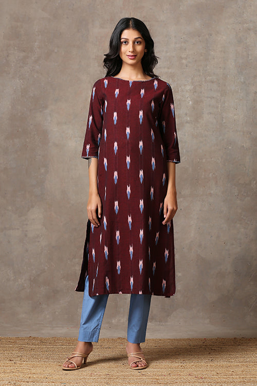 Okhai 'Camile' Pure Cotton Hand Embroidered Mirror Work Ikat Kurta| Rescue