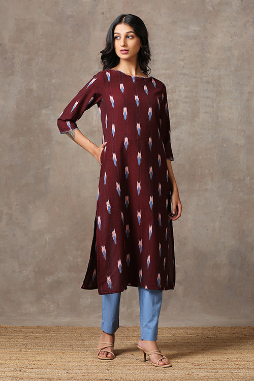 Okhai 'Camile' Pure Cotton Hand Embroidered Mirror Work Ikat Kurta| Rescue