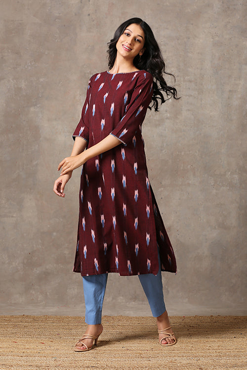 Okhai 'Camile' Pure Cotton Hand Embroidered Mirror Work Ikat Kurta| Rescue