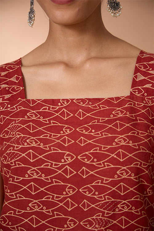 Pisces Love Embroidered Printed Pure Cotton Sleeveless Kurta For Women Online
