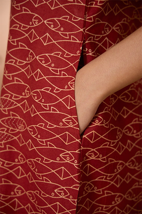 Okhai "Pisces Love" Hand Embroidered Handblock Printed Fish Print Pure Cotton Sleeveless Kurta