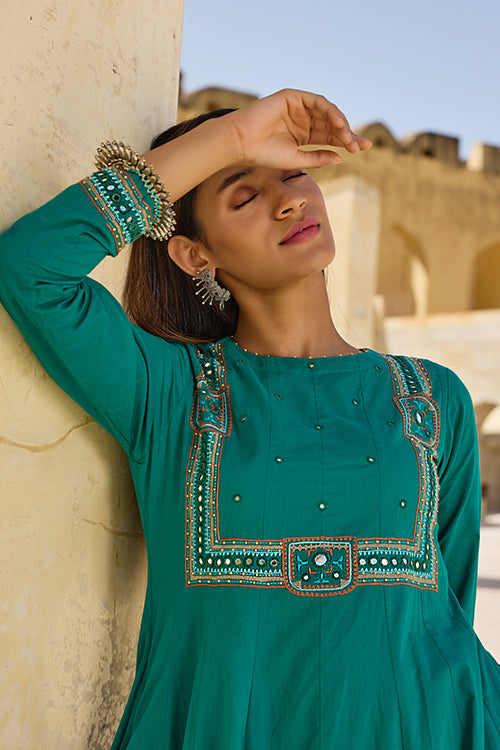 Okhai "Minar" Hand Embroidered Mirror and Beadwork Pure Cotton Flared Kurta