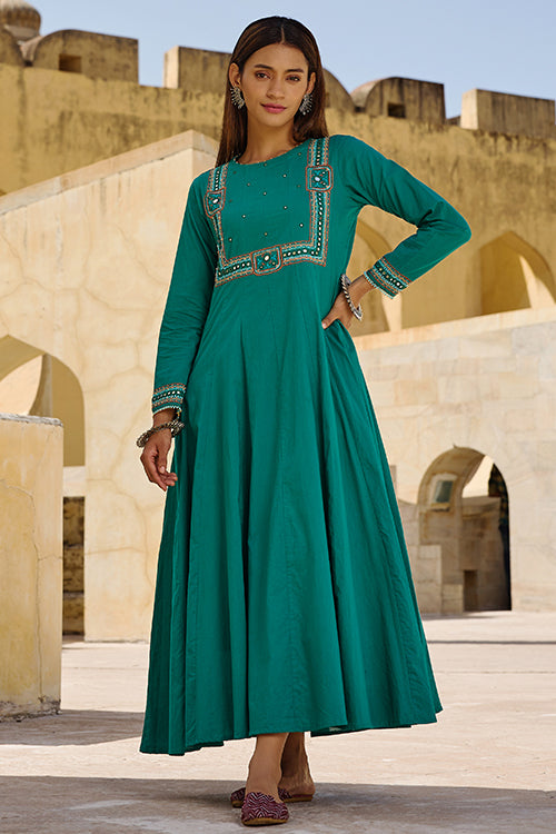 Okhai "Minar" Hand Embroidered Mirror and Beadwork Pure Cotton Flared Kurta