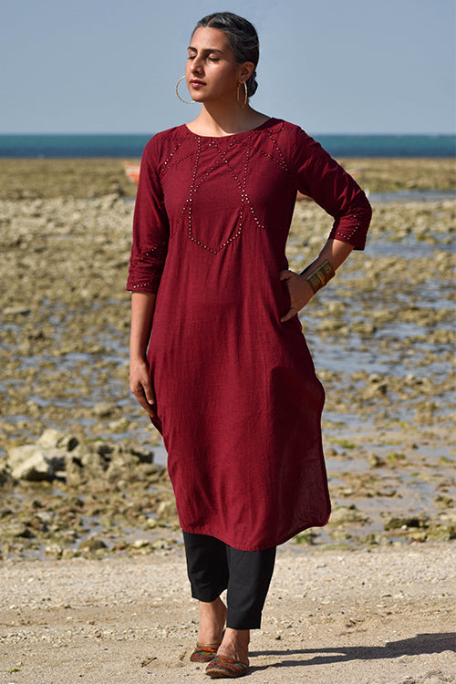 Okhai "Velvet Light" Hand-Embroidered Mirrorwork Pure Cotton Straight Kurta